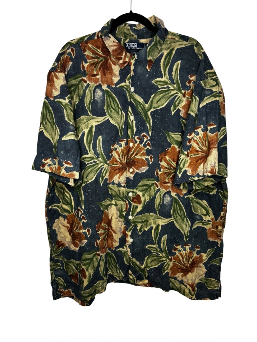 VTG Polo Ralph Lauren Hawaiian Shirt Mens Blue Floral Camp Linen Blend 2XLT